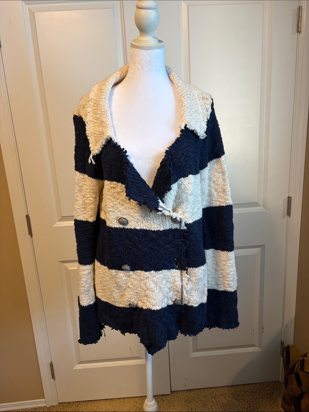 Free People Navy and Cream Striped Chunky Cardigan